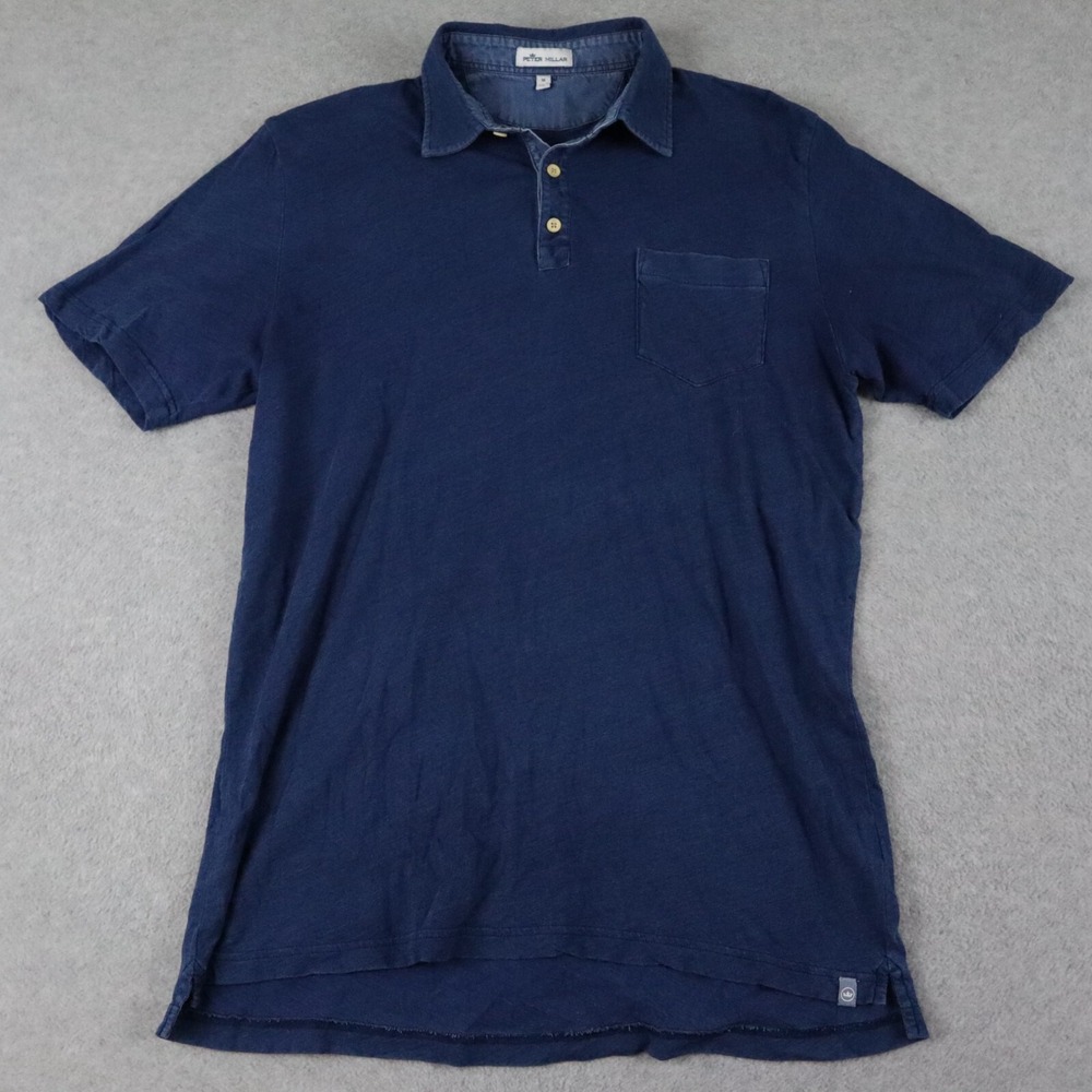 Peter Millar Polo Shirt Mens Medium Casual Knit Cotton Pocket Blue Short Sleeve